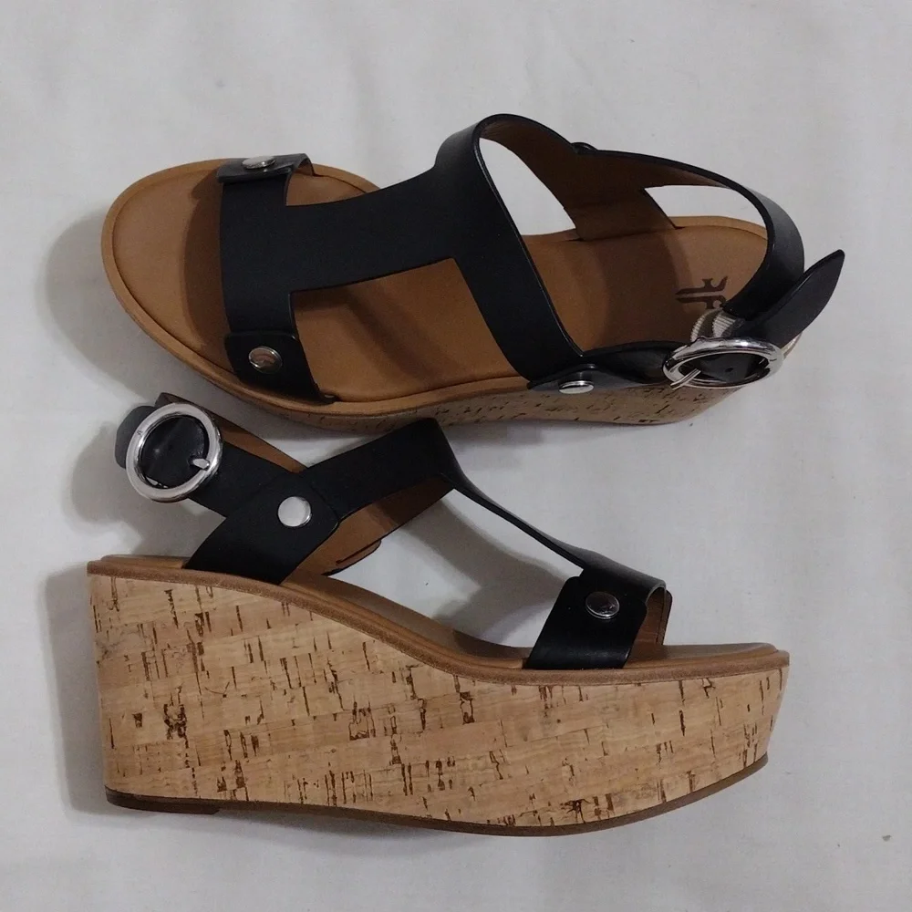 NEW Frye Black Leather Cork Wedge Platform Sandals Boho Luxe US 8.5 MSRP $458